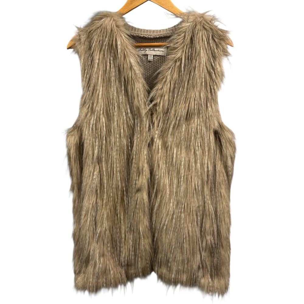 NWT Sebby Faux Fur Vest Tan Beige Boho Shaggy Knit Sleeveless Jacket, Size XL